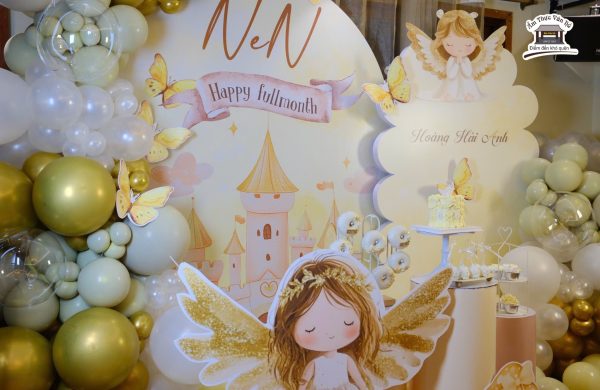 Trang trí tiệc đầy tháng Happy Full Month cho bé Hải Anh Concept thiên thần